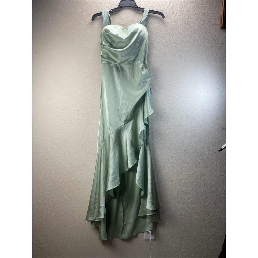 FAERIESTY Sage Green Satin Ruffle Maxi Dress Medium Lace-Up Back Evening Gown